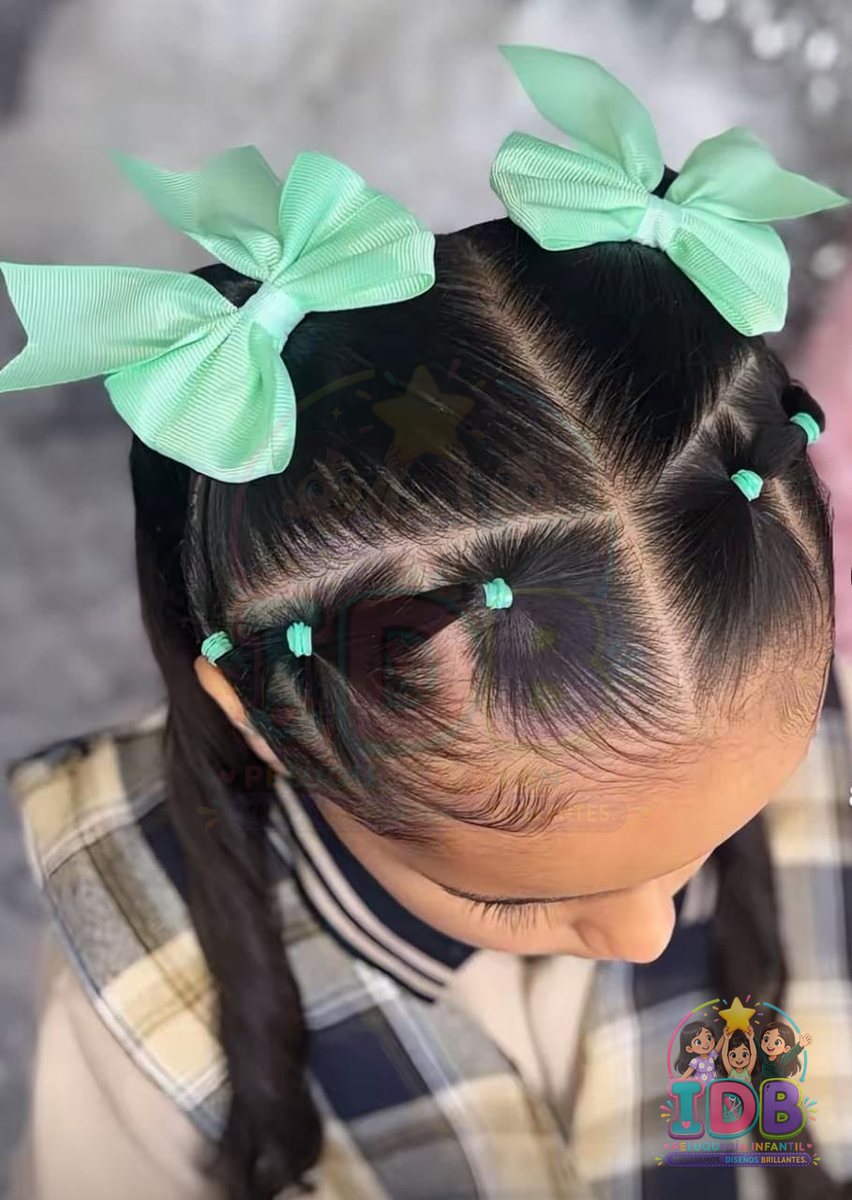 Niña con dos moños verde menta y trenzas laterales