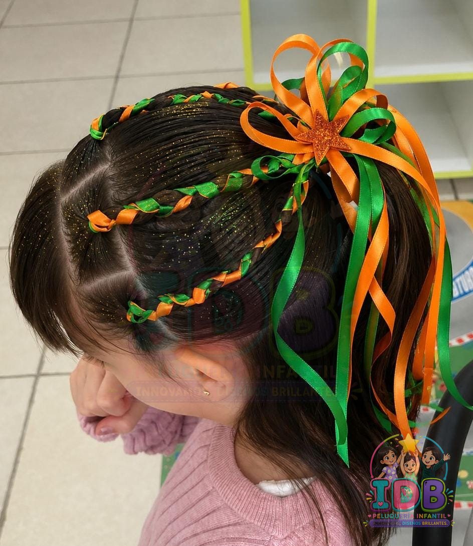 Niña con peinado trenzado y cintas de colores hecho a domicilio